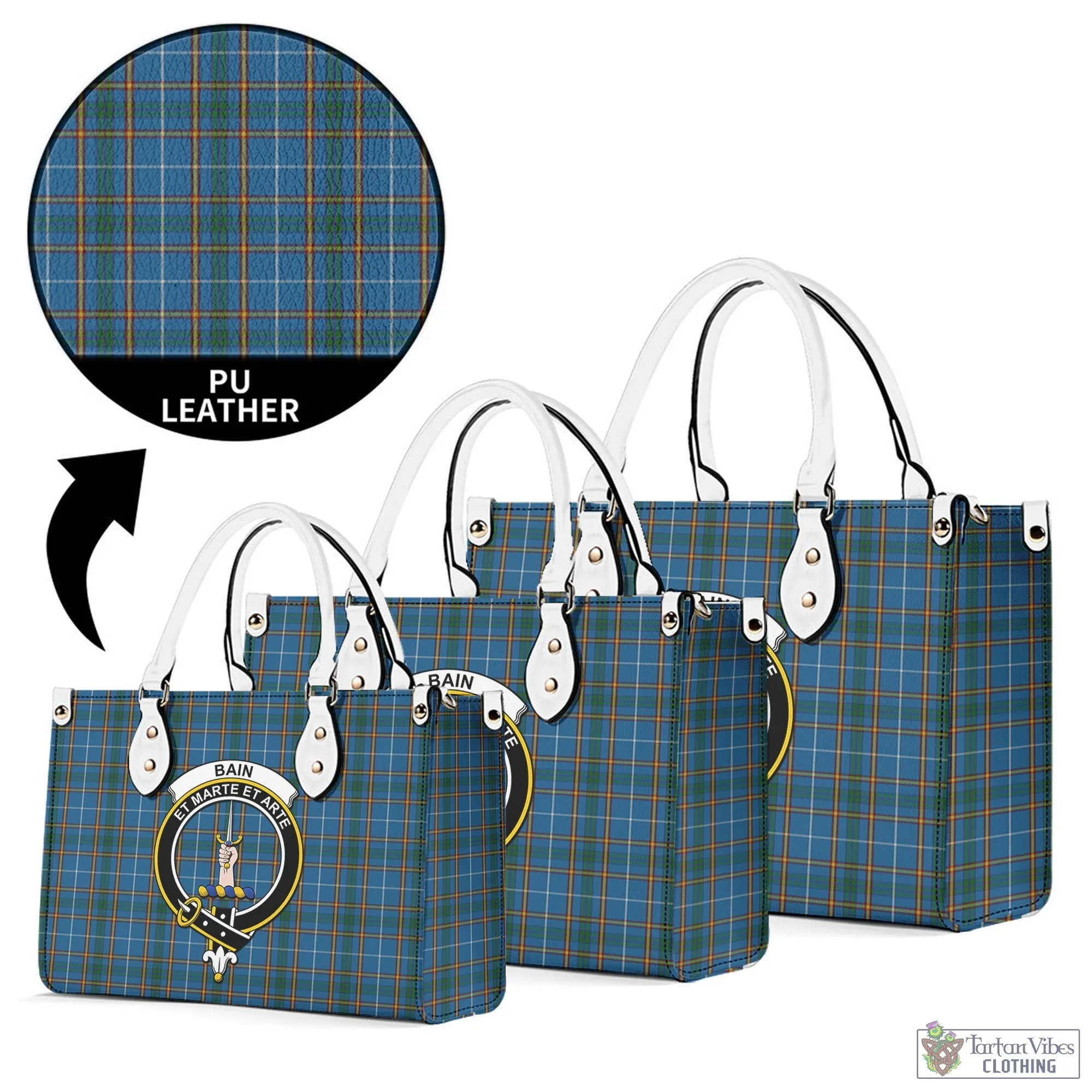 Bain Tartan Luxury Leather Handbags with Family Crest