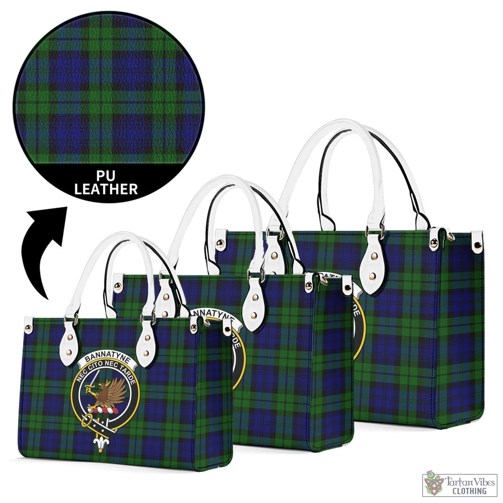 Bannatyne Tartan Luxury Leather Handbags with Family Crest