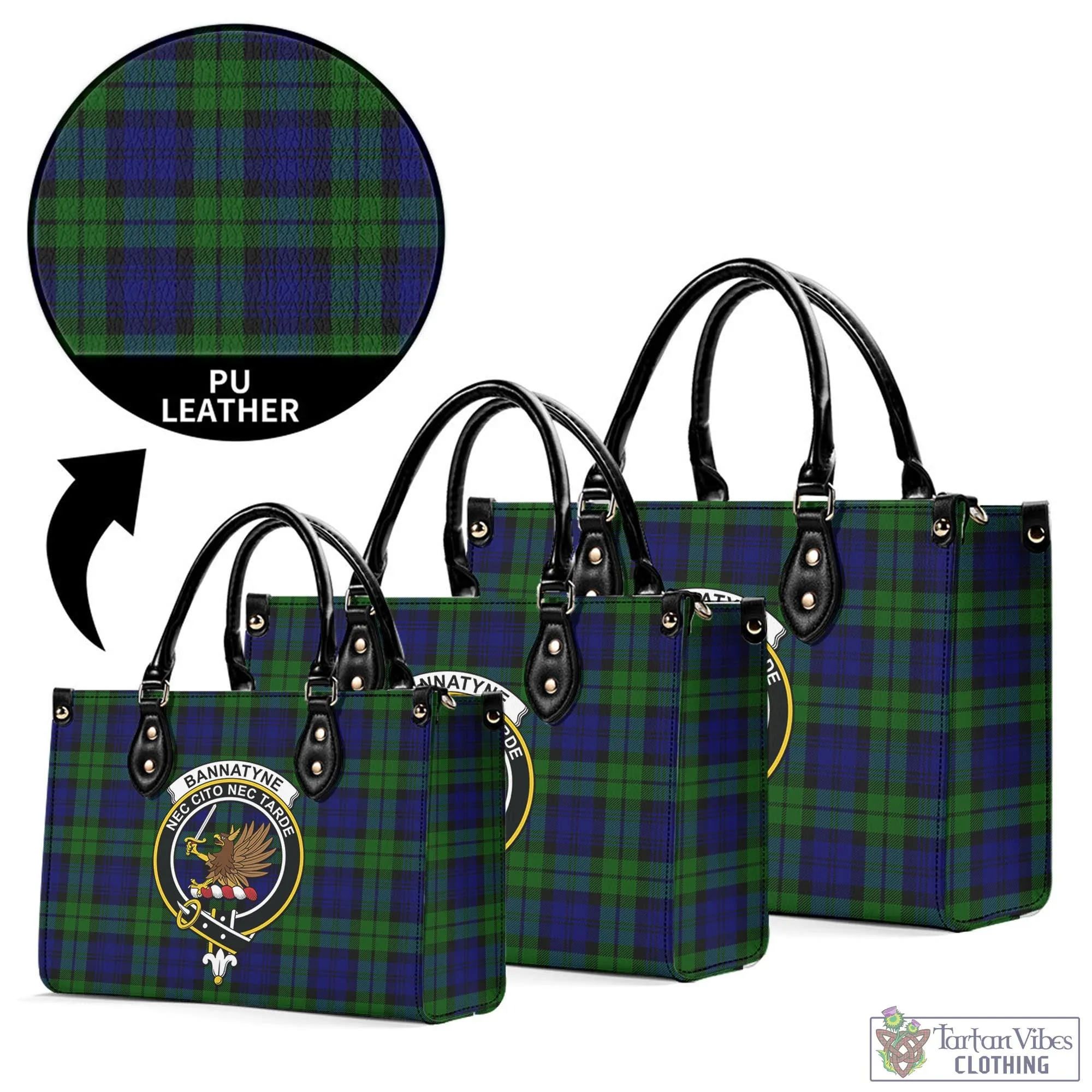 Bannatyne Tartan Luxury Leather Handbags with Family Crest