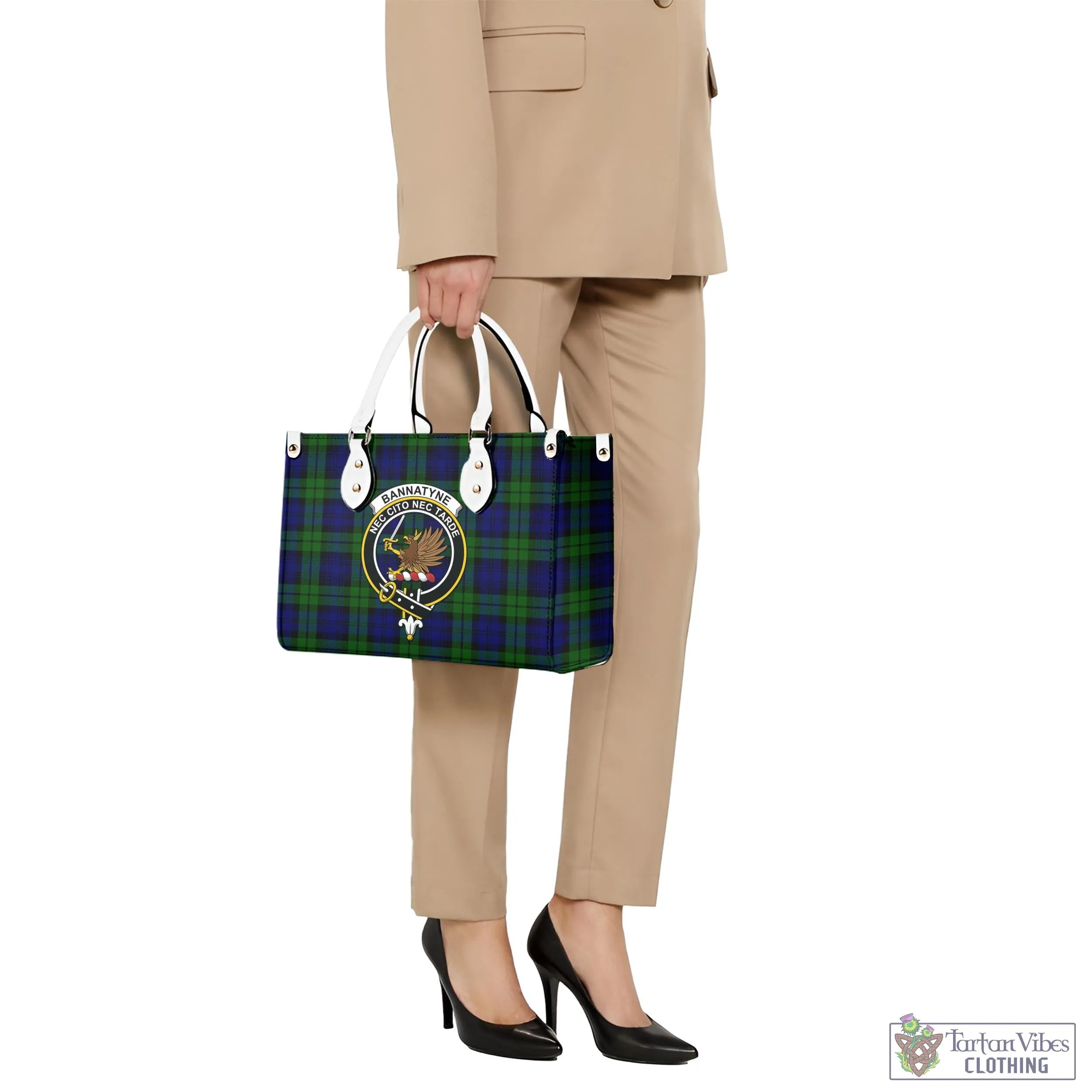 Bannatyne Tartan Luxury Leather Handbags with Family Crest