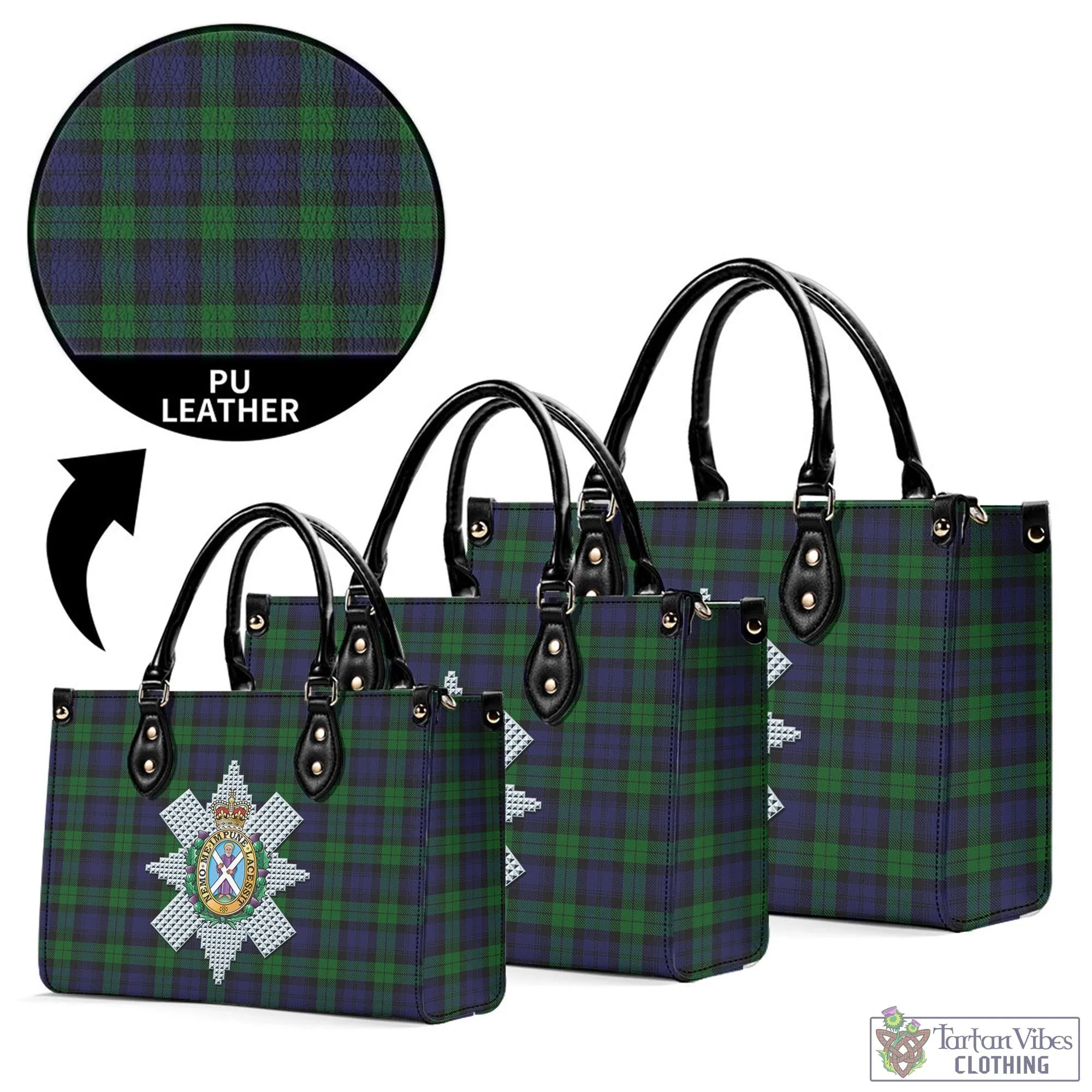 Black Watch Tartan Luxury Leather Handbags with Family Crest