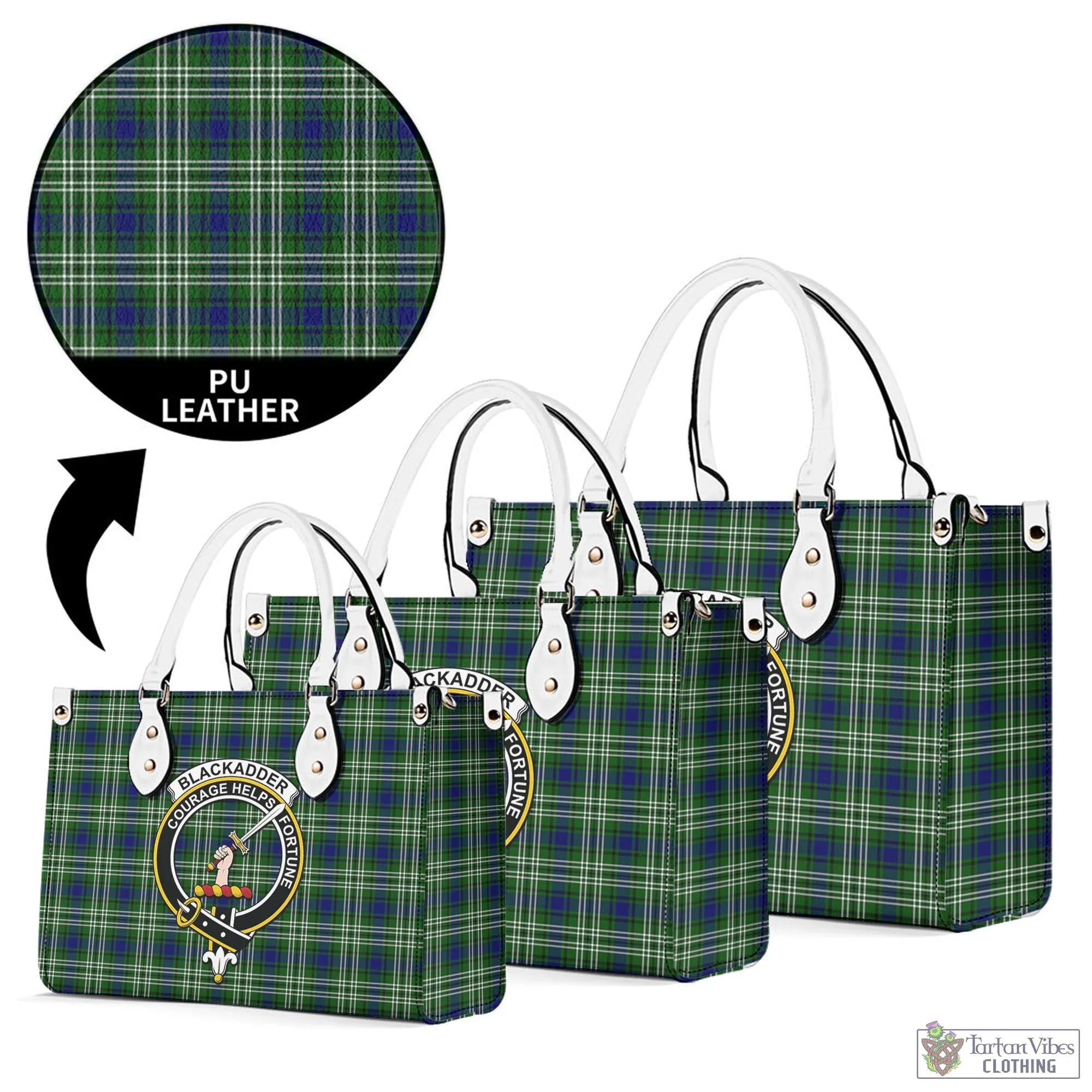 Blackadder Tartan Luxury Leather Handbags with Family Crest