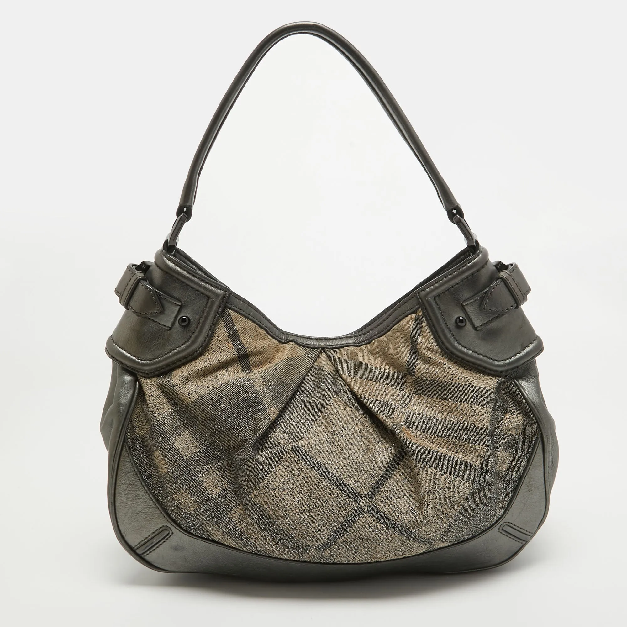 BURBERRY Grey Nova Check Lurex and Leather Fairby Hobo