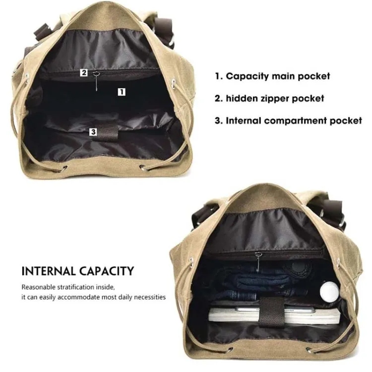 Casual Canvas Backpack Bucket Bag Computer Rucksack Travel Hiking Hand Bag, Size: Small Khaki