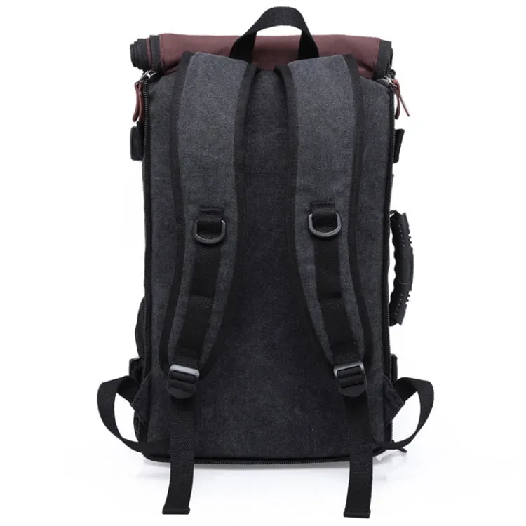 KAKA 0208 Men Canvas Stitched Leather Backpack, Size: 48 x 30 x 18cm (Black)