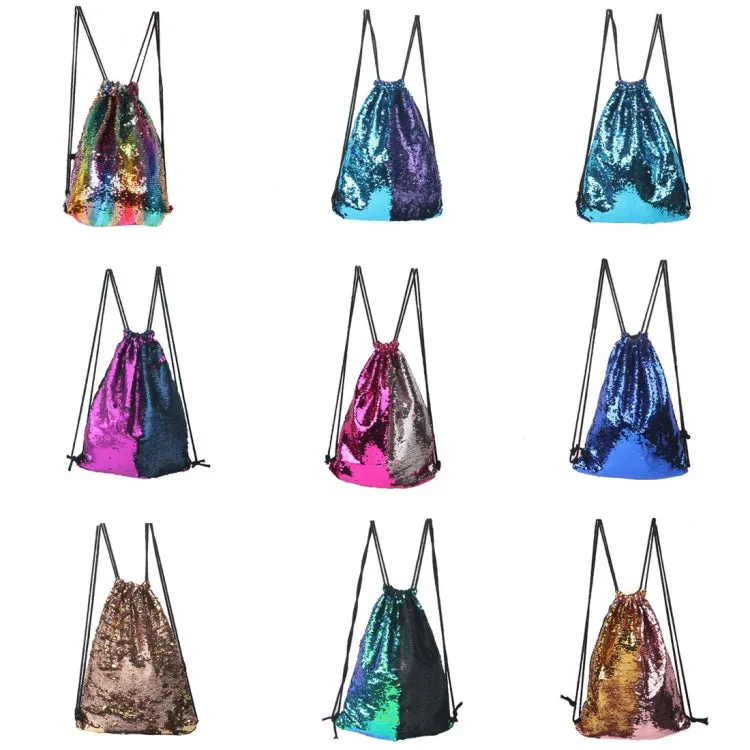 Mermaid Glittering Sequin Drawstring Sports Backpack Shoulder Bag(Bright Black)