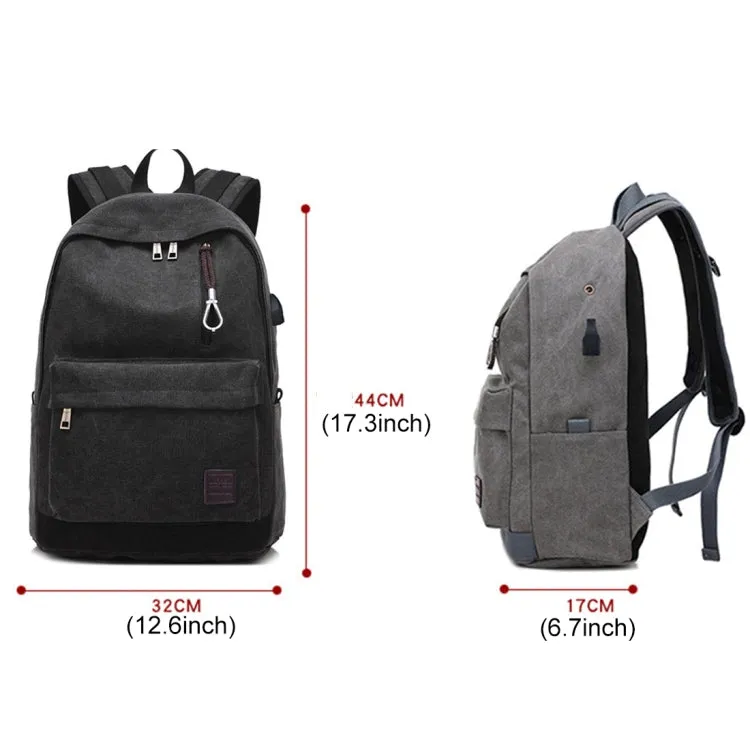 Multi-Function Travel Casual Canvas Backpack Students Bag with External USB Charging Interface & Headphone Jack (Black)