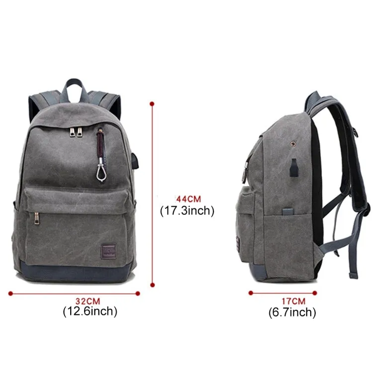 Multi-Function Travel Casual Canvas Backpack Students Bag with External USB Charging Interface & Headphone Jack (Grey)