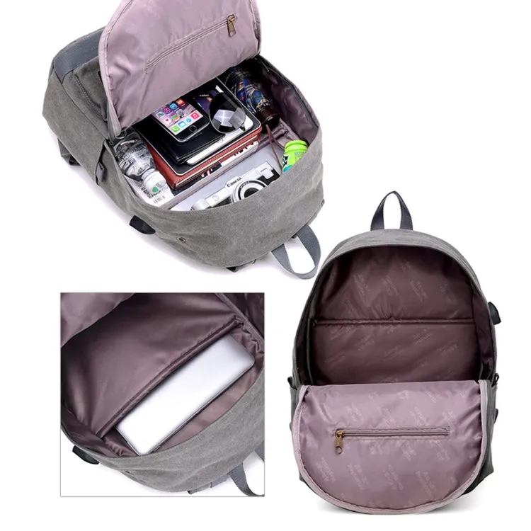 Multi-Function Travel Casual Canvas Backpack Students Bag with External USB Charging Interface & Headphone Jack (Grey)