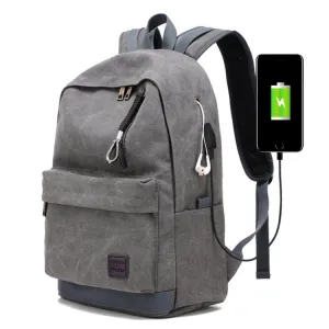 Multi-Function Travel Casual Canvas Backpack Students Bag with External USB Charging Interface & Headphone Jack (Grey)