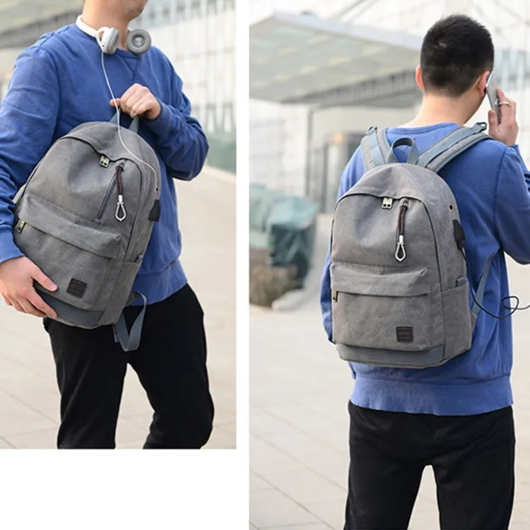 Multi-Function Travel Casual Canvas Backpack Students Bag with External USB Charging Interface & Headphone Jack (Grey)