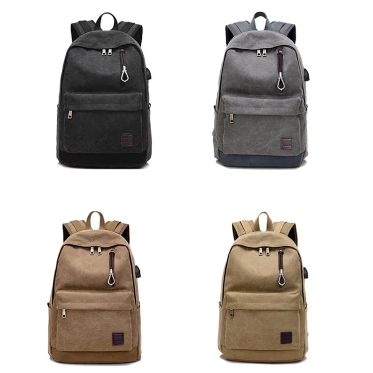 Multi-Function Travel Casual Canvas Backpack Students Bag with External USB Charging Interface & Headphone Jack (Grey)