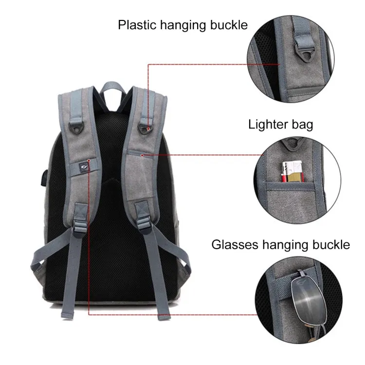 Multi-Function Travel Casual Canvas Backpack Students Bag with External USB Charging Interface & Headphone Jack (Grey)