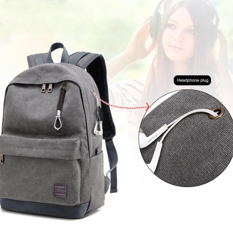 Multi-Function Travel Casual Canvas Backpack Students Bag with External USB Charging Interface & Headphone Jack (Grey)