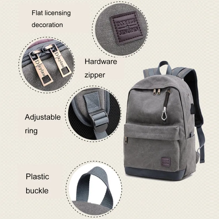 Multi-Function Travel Casual Canvas Backpack Students Bag with External USB Charging Interface & Headphone Jack (Grey)