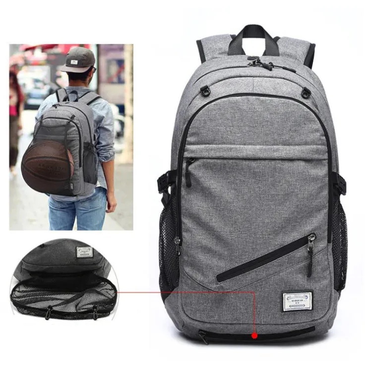 Multifunction Student Basketball Bag Men Outdoor Hiking Fitness Sports Bag, with External USB Charging Port(Grey)