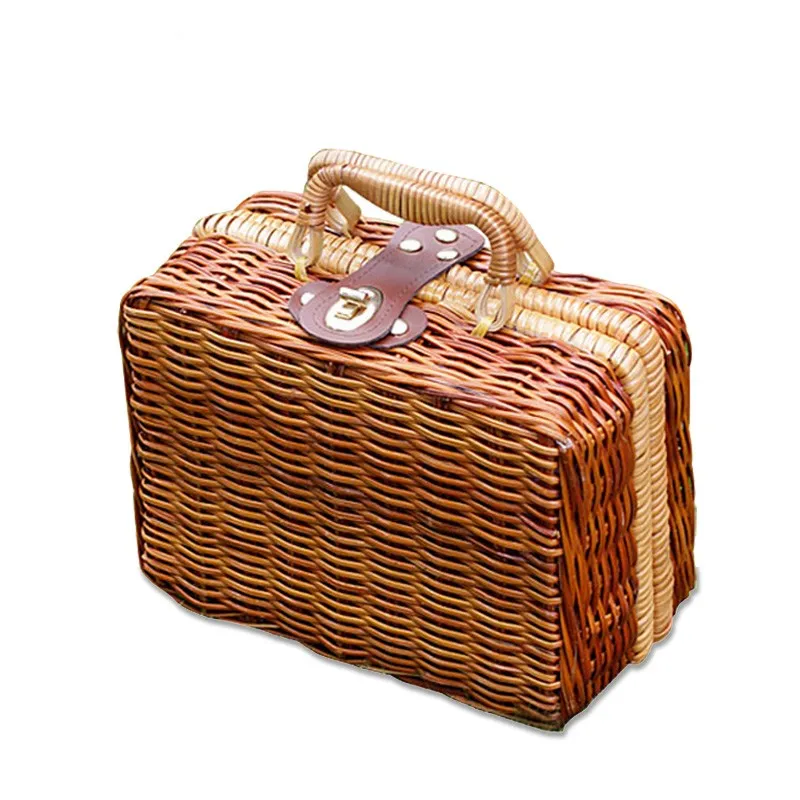 Rattan Retro Box Trunk Tote Handbag