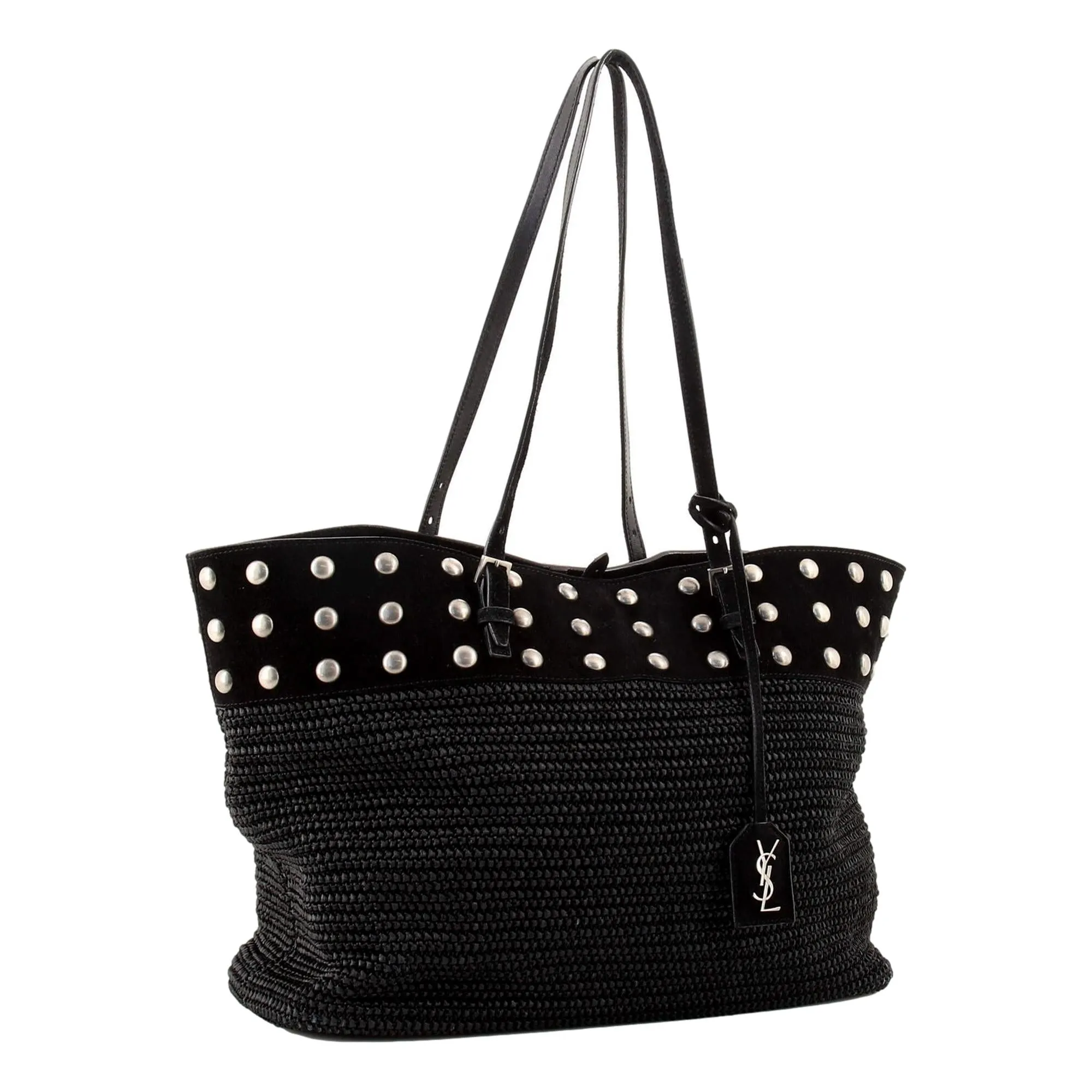 Saint Laurent Boucle Studded Black Raffia Leather Shopping Tote