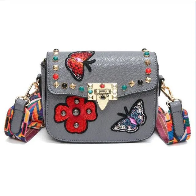 Small Leather Designer Hand Bag Embroidered with Butterflies