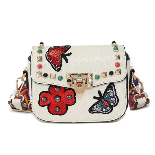 Small Leather Designer Hand Bag Embroidered with Butterflies