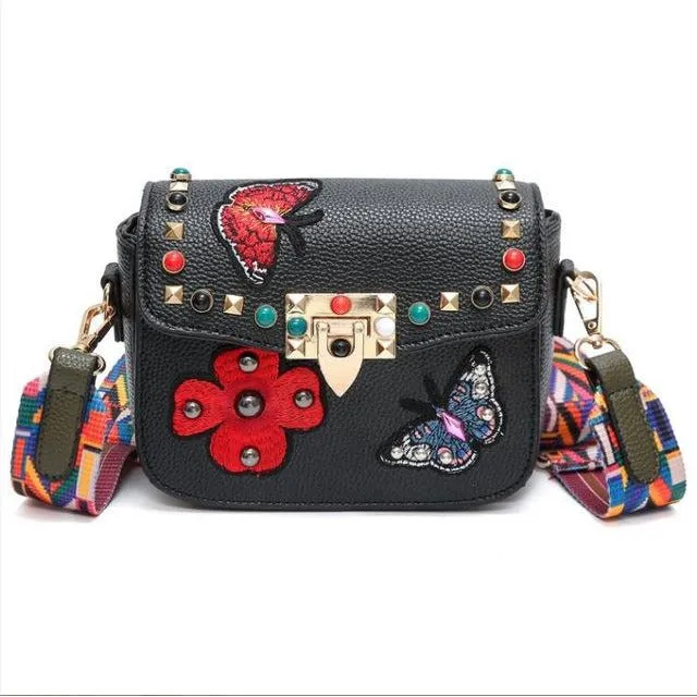 Small Leather Designer Hand Bag Embroidered with Butterflies