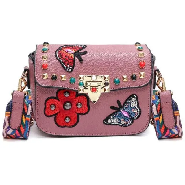 Small Leather Designer Hand Bag Embroidered with Butterflies