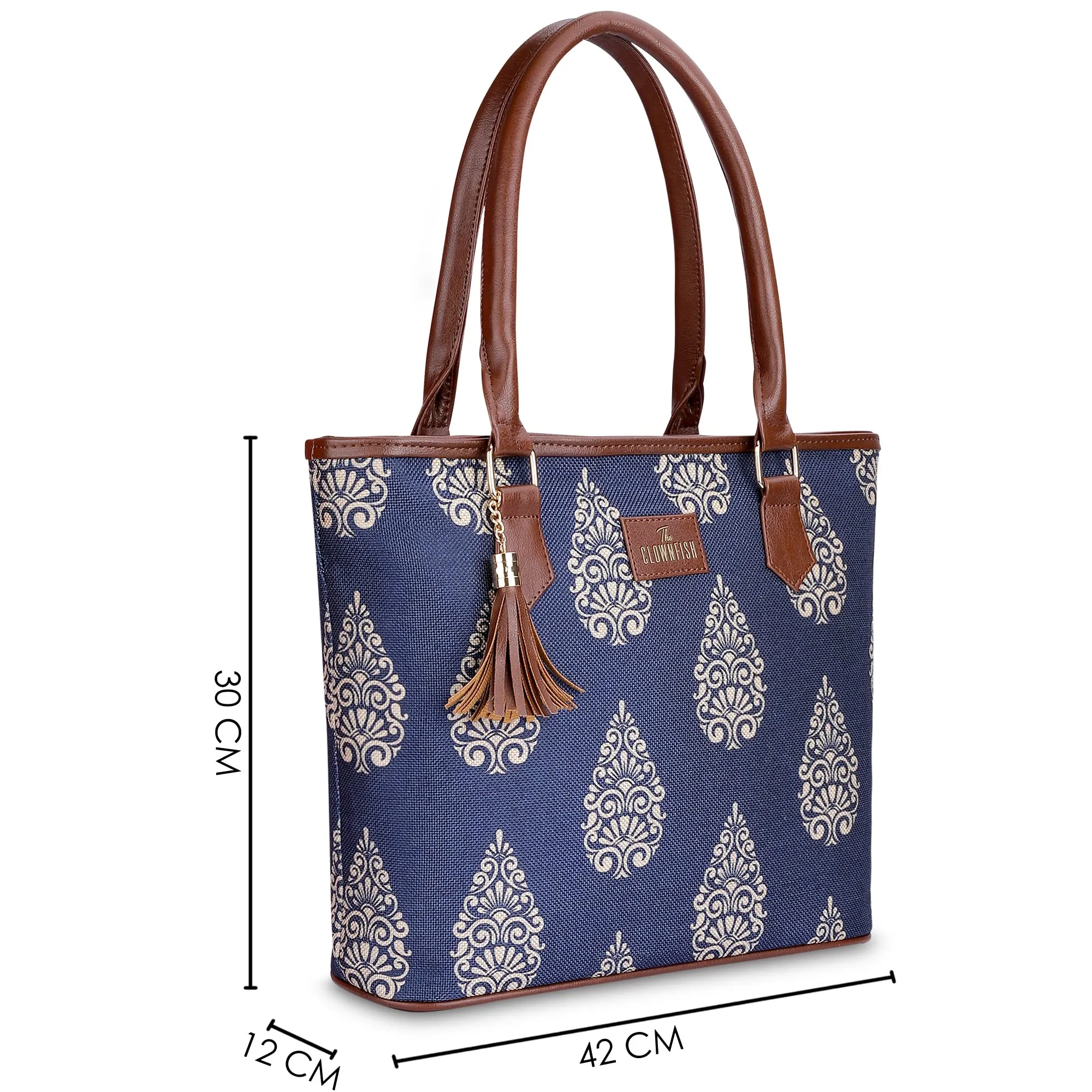 THE CLOWNFISH Aviva Printed Handicraft Fabric Handbag for Women Office Bag Ladies Shoulder Bag Tote for Women College Girls (Navy Blue)