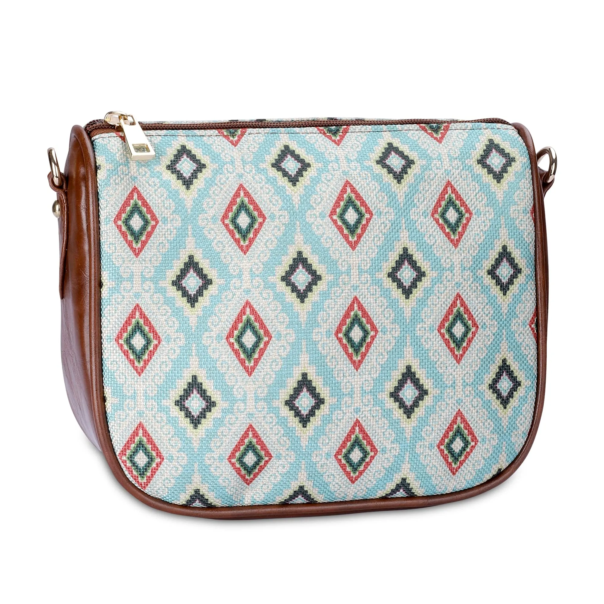 THE CLOWNFISH Garnet Series Printed Handicraft Fabric & Tapestry Crossbody Sling Bag for Women Ladies Single Shoulder Bag Shoulder Belt (Skyblue-Diamond)