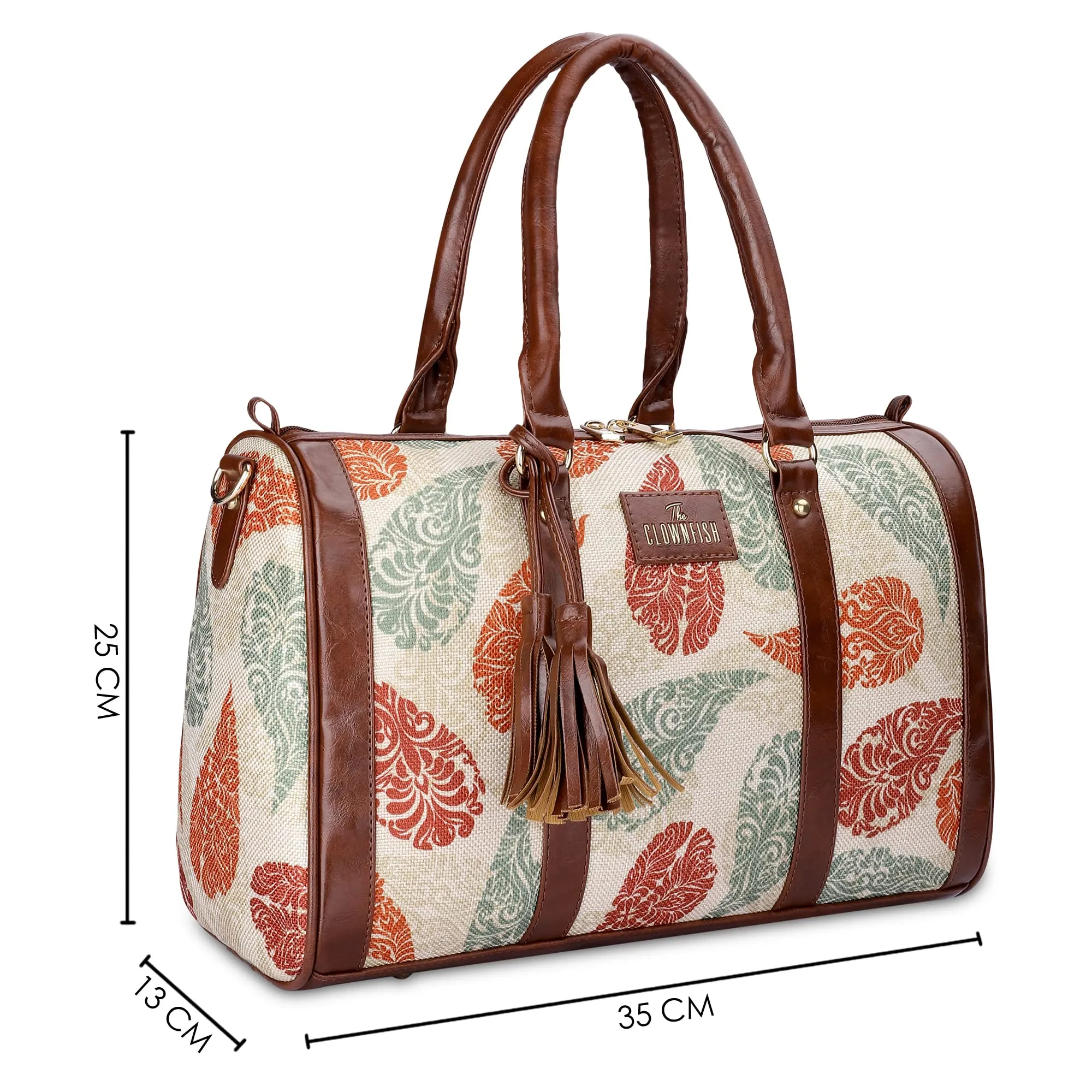 THE CLOWNFISH Lorna Printed Handicraft Fabric & Faux Leather Handbag Sling Bag for Women Office Bag Ladies Shoulder Bag Tote For Women College Girls (Cream-Leaf Design)