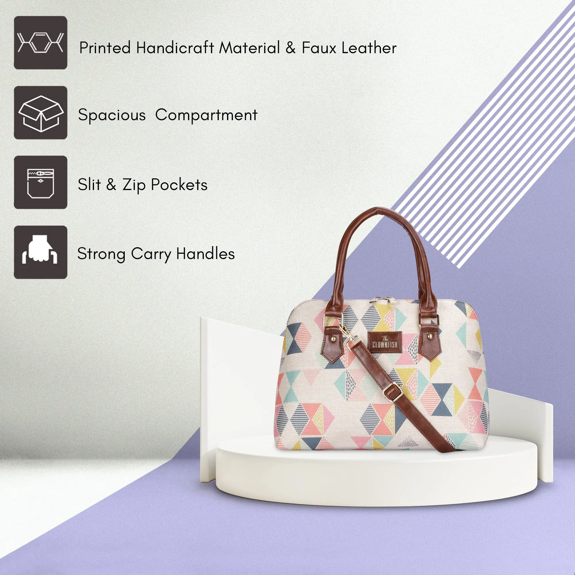 THE CLOWNFISH Montana Series Printed Handicraft Fabric & Faux leather Handbag for Women Office Bag Ladies Purse Shoulder Bag Tote For Women College Girls (Multicolour)