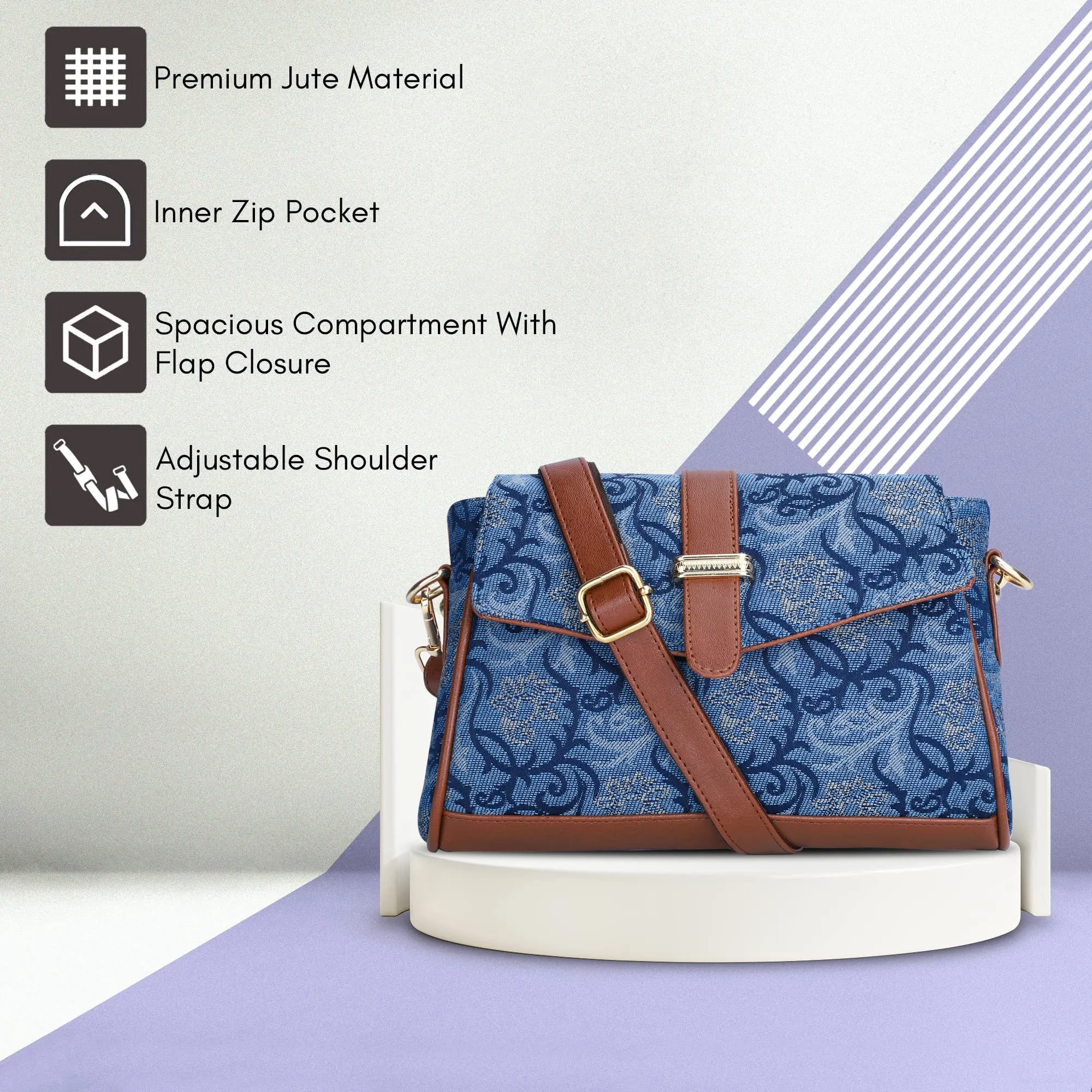 THE CLOWNFISH Odelina Series Printed Handicraft Fabric Sling Bag Handbag for Women Crossbody Bag Office Bag Ladies Single Shoulder Bag with Snap Flap Closure & Shoulder Belt For Women (Off White)