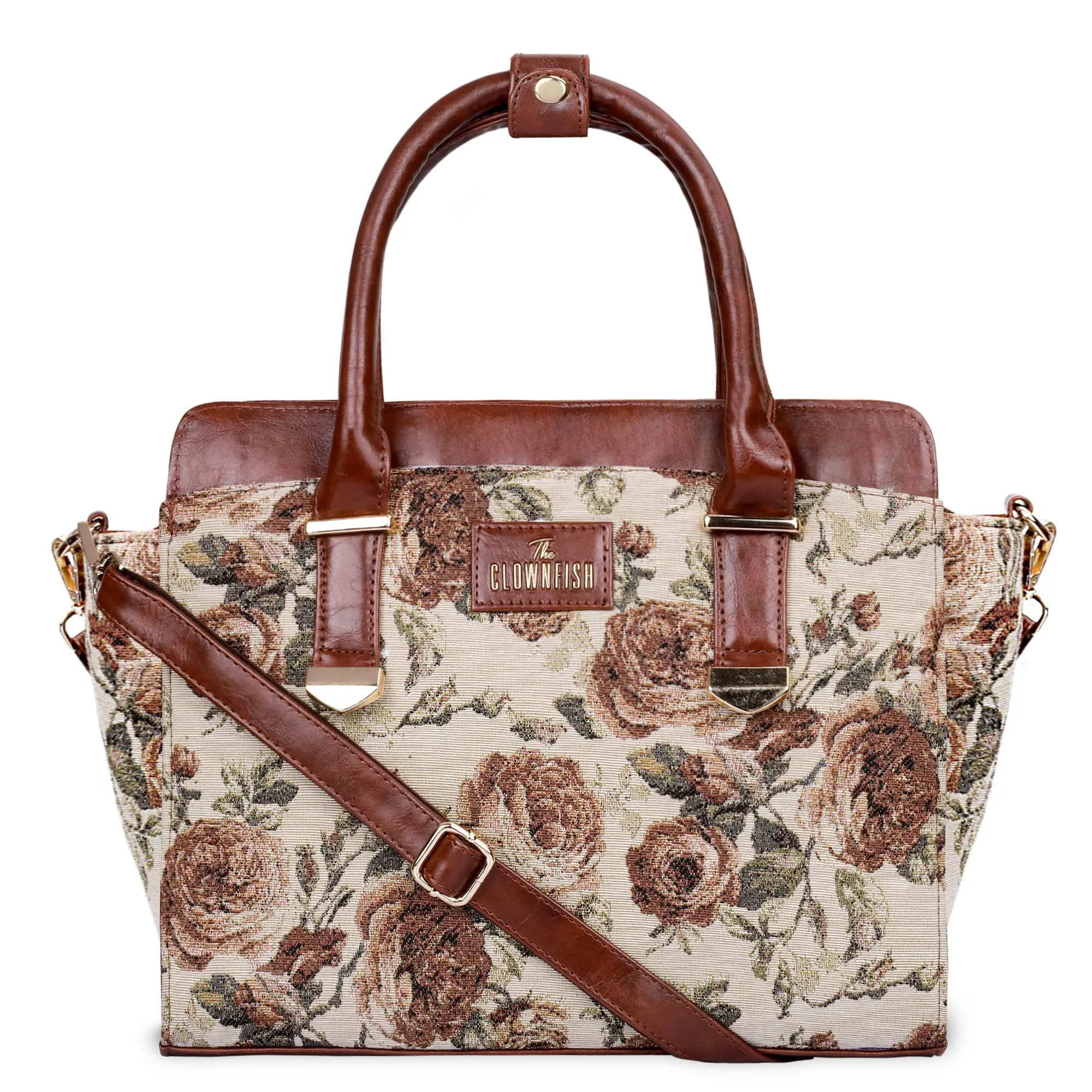 THE CLOWNFISH Zella Tapestry & Faux Leather Handbag for Women Sling Bag Office Bag Ladies Shoulder Bag with Shoulder Belt Tote For Women College Girls (Brown- Floral)