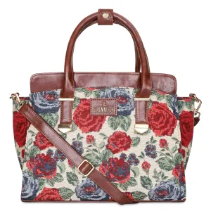 THE CLOWNFISH Zella Tapestry & Faux Leather Handbag for Women Sling Bag Office Bag Ladies Shoulder Bag with Shoulder Belt Tote For Women College Girls (Red-Floral)