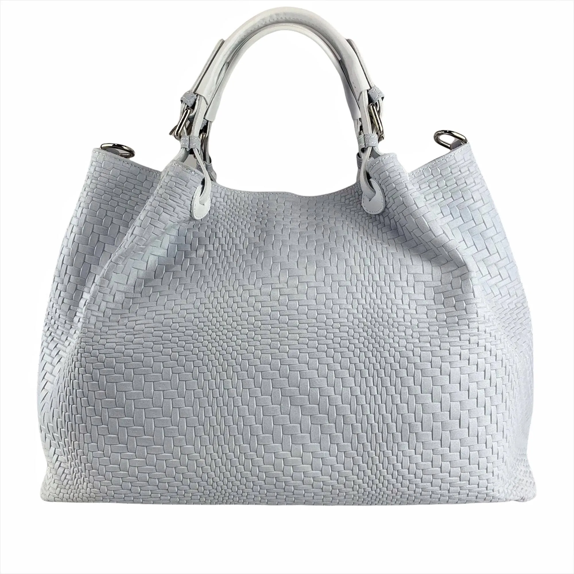 Woven Braided Pattern Light Gray Leather Large Handbag Handmade In Italy